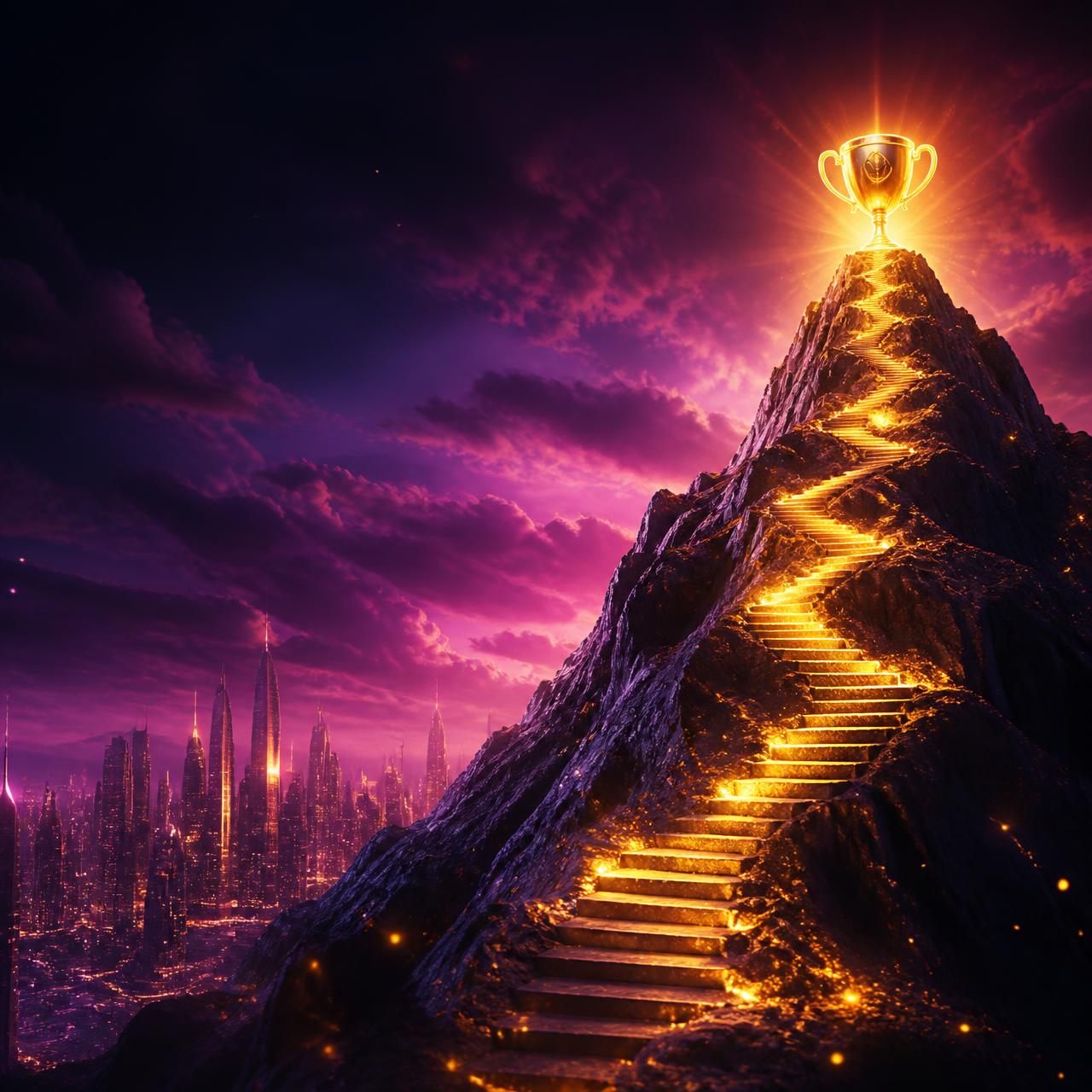 Glowing career path climbing a mountain toward a golden trophy